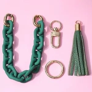 Deep green frosted chain with leather tassel and golden metal hardware for DIY bags