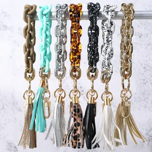 Colorful acrylic chain bracelet keychains with leather tassels and metal rings set