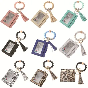 Silicone and wood bead wristlet keychain with leather card holder and tassel charm set
