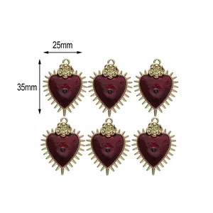 Deep red heart charms with gold sunburst edges and rose detail, size 25mm by 35mm