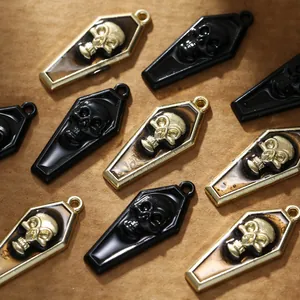 Pendentifs cercueil gothiques avec crâne en résine noire et ambre pour création de bijoux