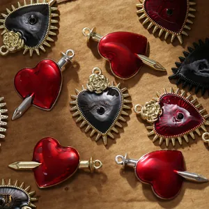 Gothic heart sword and rose pendants made of alloy with red and black enamel drip oil