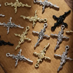 Pendentif croix rose vintage en or argent et noir pour création de bijoux DIY