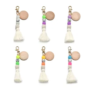 Porte-clés à Gland en Perles de Silicone Boho pour Femmes Breloque de Sac Perles de Lettres en Bois Fluorescent
