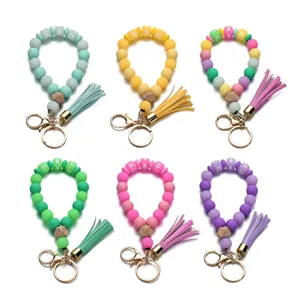 Porte-clés Bracelet en Silicone Lumineux Avec Gland Perle en Bois Perles Lettre HBD Bracelet Anti-perte pour Femme Cadeau