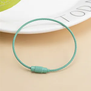 Macro view of mint green stainless steel wire keychain with secure screw lock mechanism