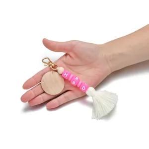 Silicone letter beads keychain with wooden disk, pink HBD charms and white tassel