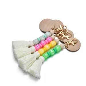 Handmade silicone bead tassel keychain set with HBD engraved wood charms for bags