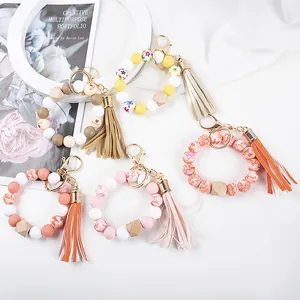 Silicone Bead Keychain Bracelet With Wood Bead Leather Tassel Gold Metal Key Ring Heart Floral Print Wristlet For Women