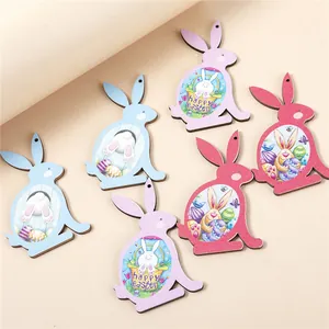 Colorful Easter wooden rabbit charms set with floral patterns and Happy Easter text