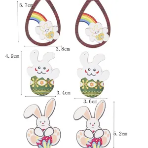 Easter wooden pendant set featuring colorful rabbits and eggs with detailed dimensions