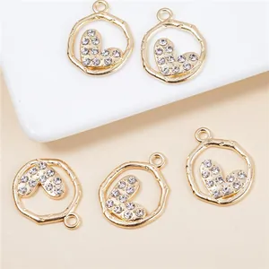 Five gold irregular round heart pendants with crystal pavé for DIY jewelry necklaces