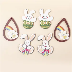 Easter Wooden Rabbit Pendants Colorful Printed Wood Earring Accessories For DIY Jewelry Making Easter Egg Rainbow Pattern Cartoon Rabbit Charms