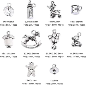 Detailed grid of baby-themed alloy charms for DIY jewelry including bottles and horses