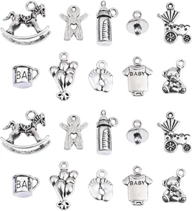Detailed macro view of 20pcs vintage silver baby charms including bottles and horses