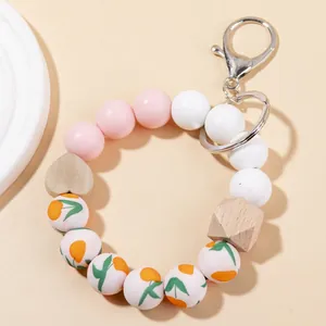 Llavero de Pulsera de Cuentas de Silicona para Mujer Brazalete de Cuentas de Madera Con Cierre de Langosta Colgante de Corazón Patrón Floral Joyería Regalo
