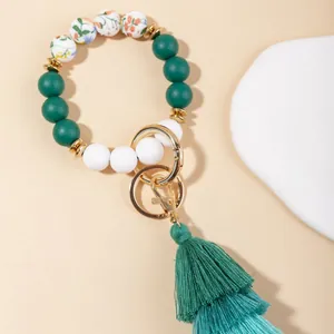 Bohemian Silicone Beaded Keychain Tassel Wristlet Bracelet Key Ring With Floral Printed Beads For Women Fashion Jewelry Accessory