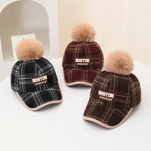 Kids plaid winter baseball caps with fur pompom and BOSTON embroidery in three colors