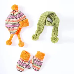 Bonnet Écharpe Et Gants En Tricot D'Hiver Pour Enfants Doublé En Polaire Chaud Beanie Motif Renne Nordique Cœur Flocon De Neige Pour Garçons Filles