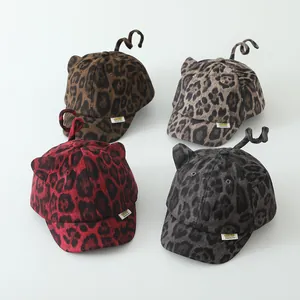 Cute Kids Leopard Print Baseball Cap With Animal Ears And Spiral Tail Cotton Blend Short Brim Sun Hat For Boys Girls