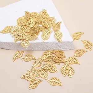 Golden hollow leaf charms with bead edge for DIY jewelry making and craft projects