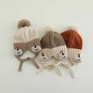 Baby Strickmütze Ohrenklappen Winter Warm Cartoon Hund Aufnäher Bommel Beanie Für Kleinkinder Säuglinge Kinder Winddichte Kappe