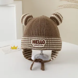 Winter striped baby knit hat with cute ears and earflaps for cold weather protection
