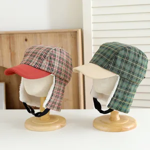 Winter plaid trapper hat for children with ear flaps and warm faux lamb wool lining