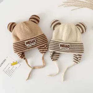 Winter baby knitted stripe hat with bear ears and chin straps for outdoor warmth