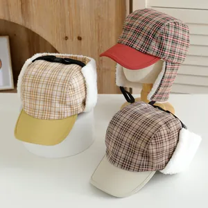 Kids Winter Plaid Trapper Hat Warm Ear Flap Pilot Cap Faux Lamb Wool Lining Windproof Buckle Thermal Outdoor Hat