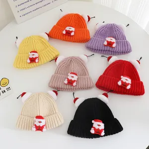 Winter knit baby hats set with plush ears and Santa Claus design in 7 vibrant colors
