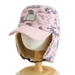 Kids winter camouflage earflap hat with warm fleece lining and NYC embroidery patch