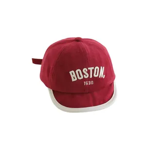 Kids vintage burgundy cotton baseball cap with white Boston 1630 embroidery and soft brim