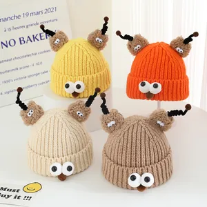 Kids Winter Knit Beanie Hat Cartoon Monster Big Eyes Antennas Warm Crochet Beanie For Toddler Boys Girls Daily Wear