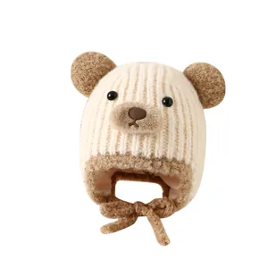 Bonnet en tricot pour bébé avec oreilles d'ours et doublure polaire chaude en hiver