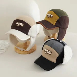 Kids Winter Earflap Cap Polar Fleece Warm Faux Lamb Wool Lining Colorblock Lei Feng Hat For Children Boys Girls Casual Headwear