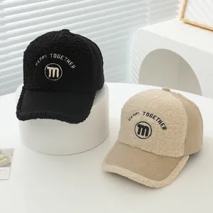 Corduroy and lamb wool kids baseball cap with M embroidery in black and beige