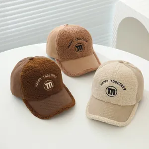 Corduroy kids baseball cap with fleece panel and embroidered M logo in three warm colors