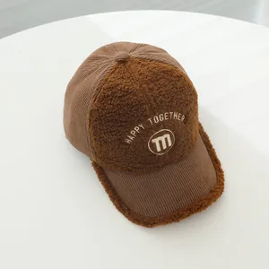 Retro corduroy and fleece baseball cap for kids with embroidered letter M logo