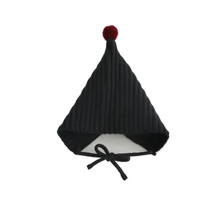 Cute pointed baby knit hat in black and red with chin straps for autumn and winter warmth