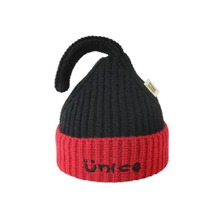Kids warm knit beanie with black and red color block design and funny tail top