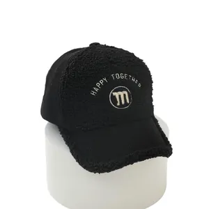 Black corduroy and fleece baseball cap for kids with embroidered M letter design