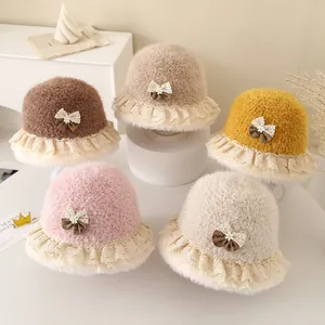 Multi-color plush bucket hats for kids with lace edges and bow details for autumn and winter