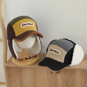 Gorro de Invierno Cálido para Niños con Orejeras Forro de Borrego Gorra de Piloto Patchwork para Niños y Niñas Resistente al Viento