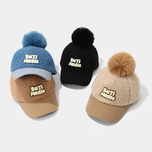 Winter kids baseball caps with plush pom pom and Music patch in four assorted colors