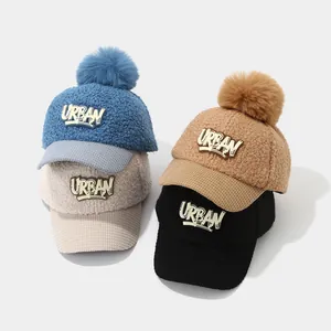 Kids Winter Sherpa Lamb Wool Baseball Cap With Large Faux Fur Pom Pom Letter Patch Warm Corduroy Brim Adjustable Hat