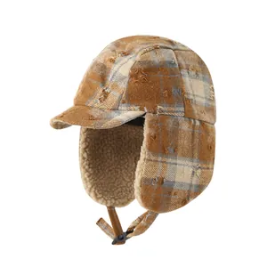 Vintage checkered winter trapper hat for kids with warm fleece lining and ear flaps