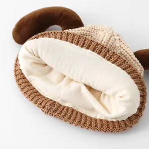 Toddler knitted winter hat with cute brown plush antlers and warm thickened lining
