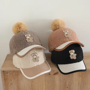 Kids Winter Warm Teddy Fleece Baseball Cap With Faux Fur Pom Pom Cartoon Bear Patch Corduroy Brim Adjustable Sun Hat