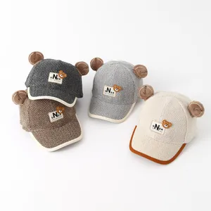 Winter teddy bear baby baseball cap with smile ears in grey brown and cream colors